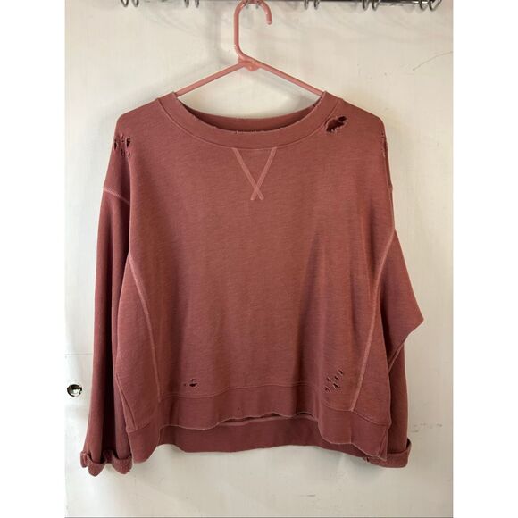 AE American Eagle oversized cropped medium M sweatshirt distressed holes dusty r - Picture 2 of 10